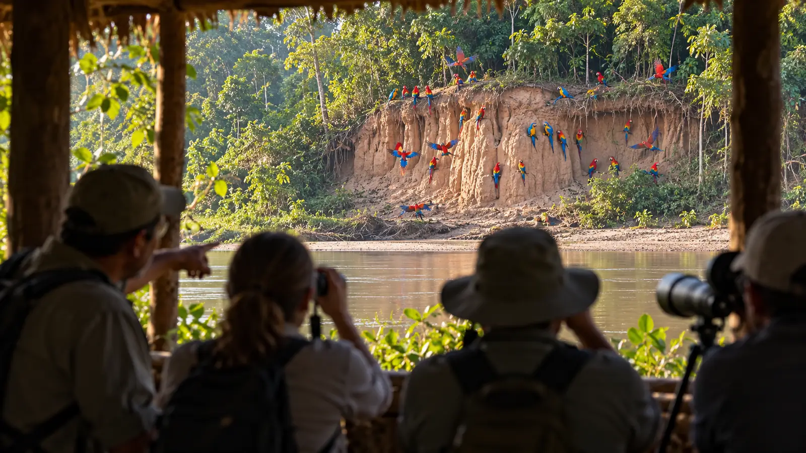 Travelers observing macaws at a distant Tambopata riverbank clay lick from a discreet hide