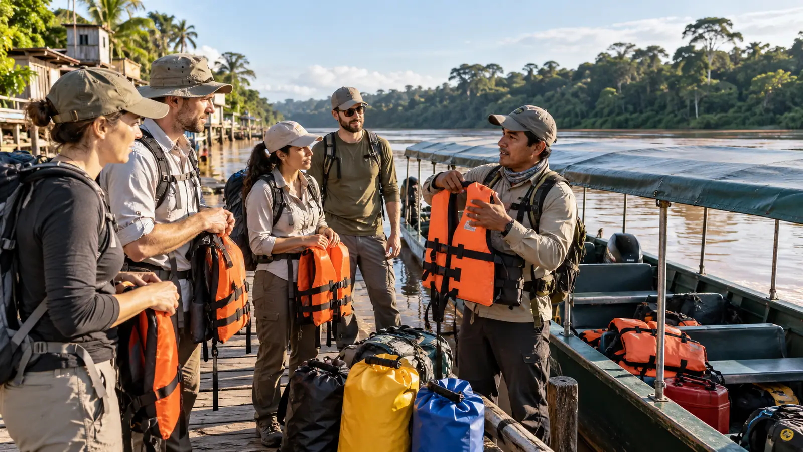Naturalist briefing travelers with life jackets beside a covered boat at a Puerto Maldonado river port