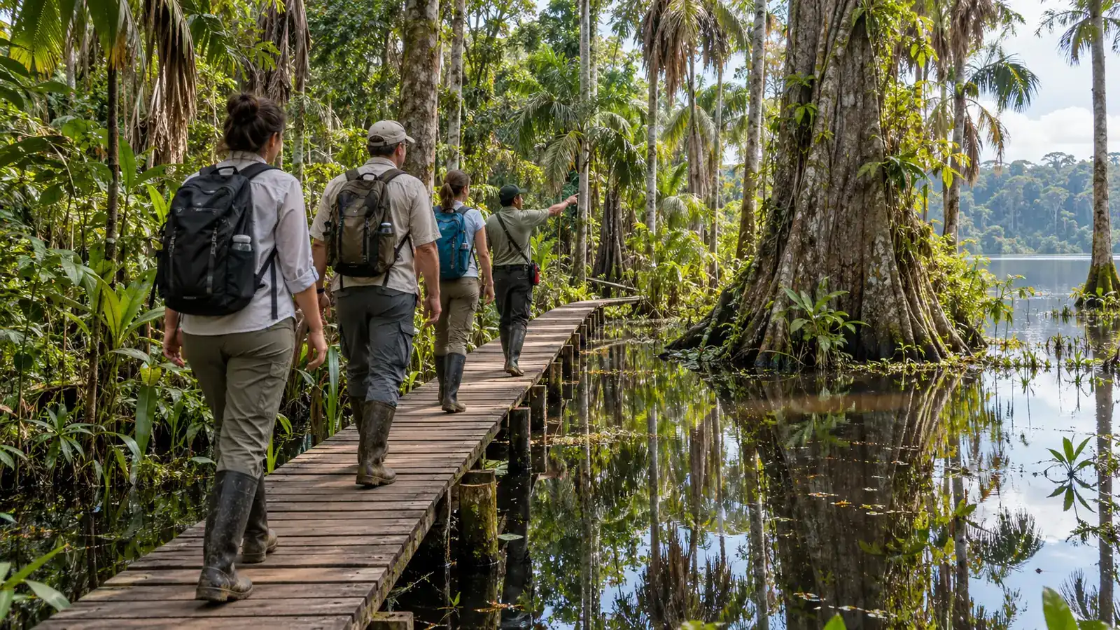 Travelers following a local guide on a raised boardwalk through palm swamp near Sandoval Lake