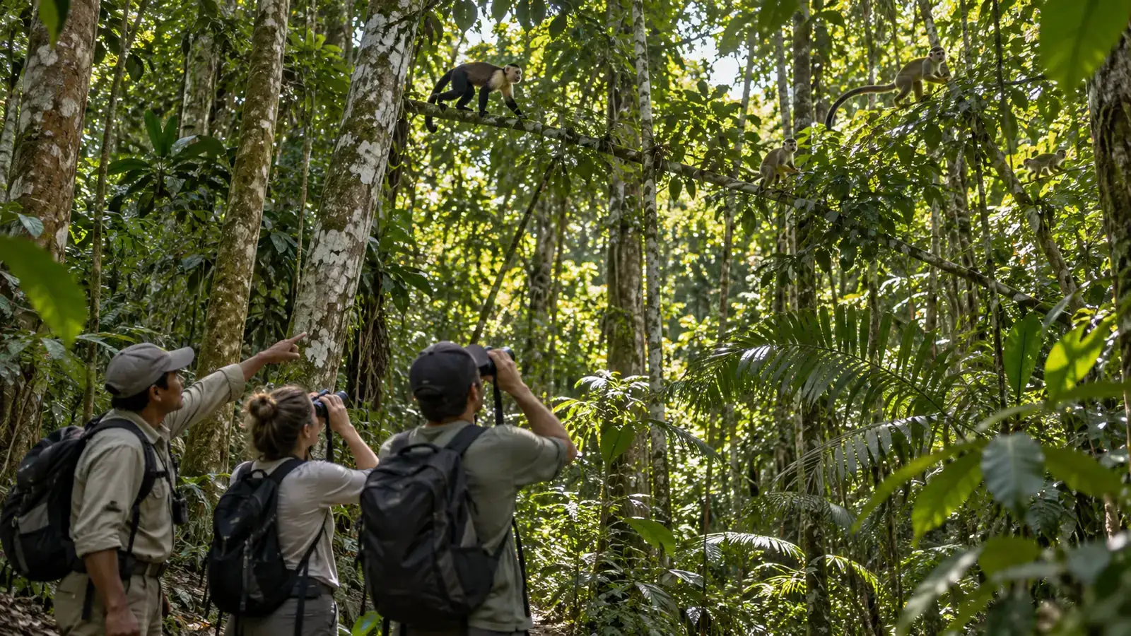 Guide and travelers observing wild monkeys moving through high rainforest branches in Tambopata