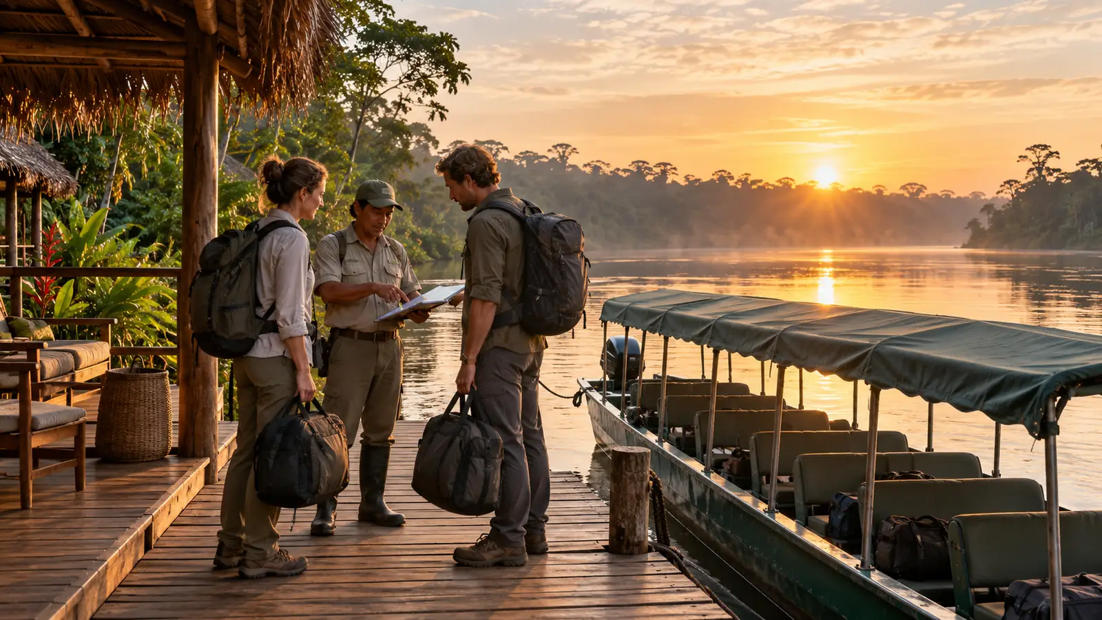 Travelers with compact luggage confirming their sunrise boat departure with a lodge guide