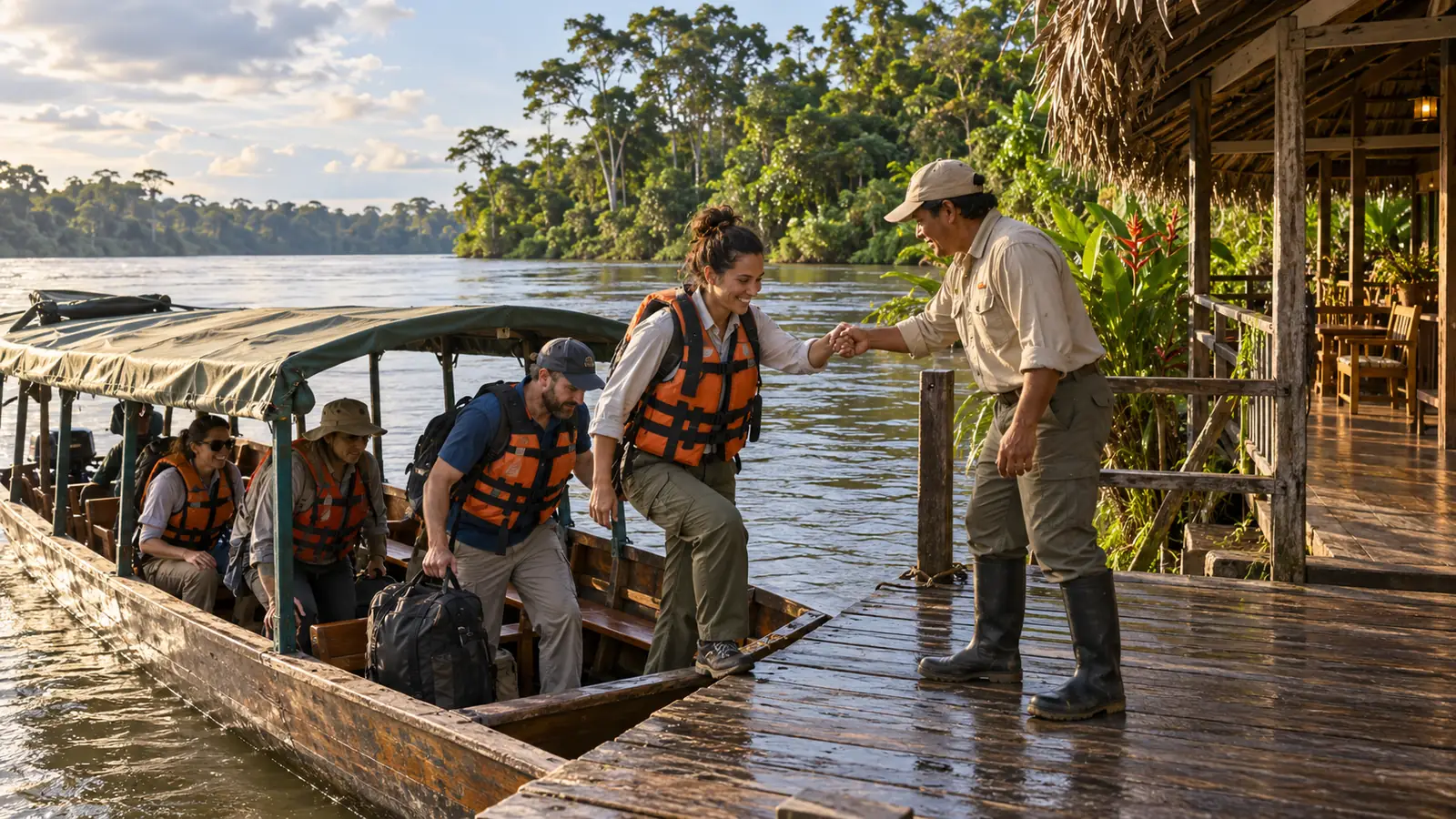 Travelers wearing life jackets arriving by covered boat at a rainforest lodge near Iquitos
