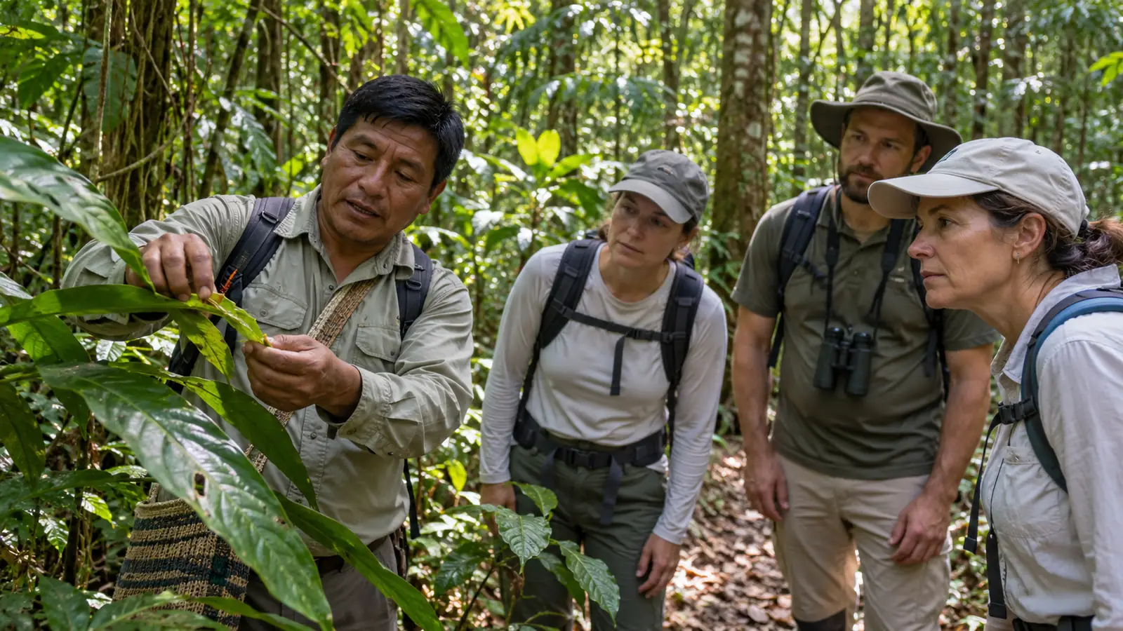 Local naturalist explaining rainforest plants to a small group on a trail near Iquitos
