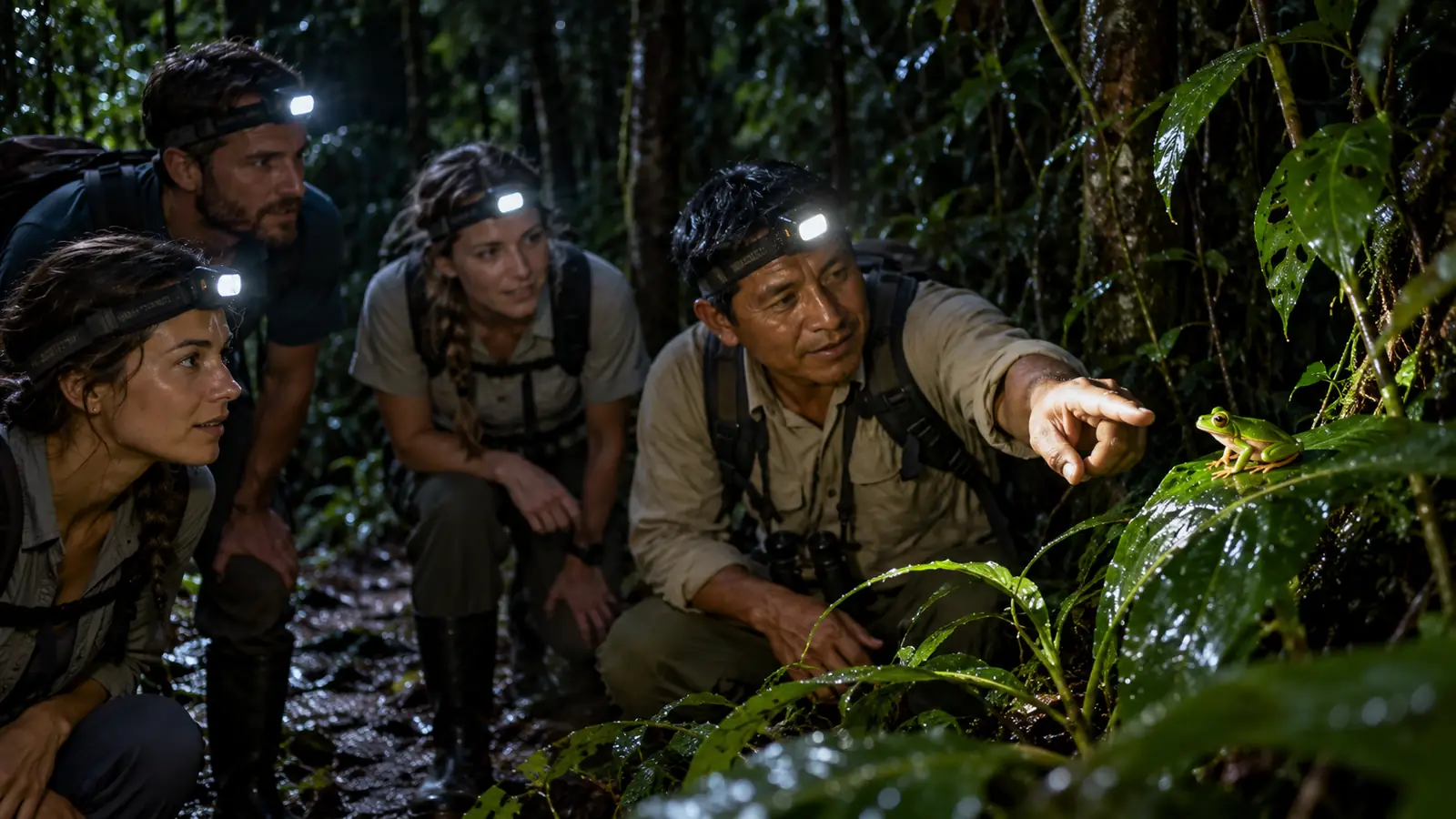 Naturalist and travelers using headlamps to observe a tree frog during a responsible night walk